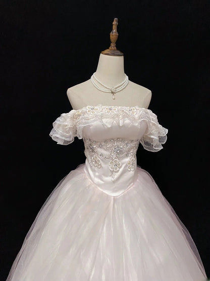 Sweet Ball Gowns Off The Shoulder Light Pink Tulle Poofy Long With Appliqued Quince Dress inspo Quinceanera Dresses Vestidos De 16 anos RB7759