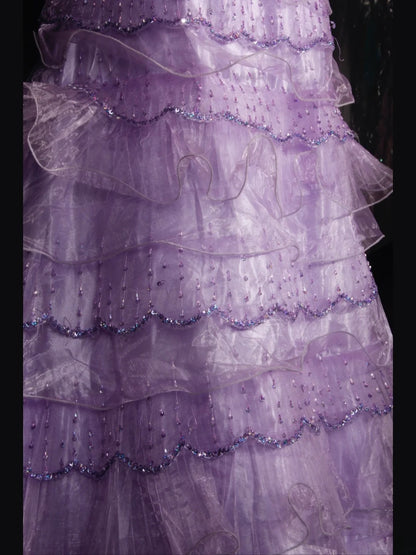 Vintage 70er-Jahre Ballkleid mit Herzausschnitt, lilafarbenem, perlenbesetztem Oberteil, plissiertem Rock, langem Schnitt, perfektes Outfit für den 21. Geburtstag, Modell AS310