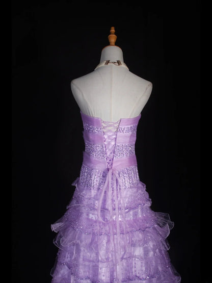 Vintage 70er-Jahre Ballkleid mit Herzausschnitt, lilafarbenem, perlenbesetztem Oberteil, plissiertem Rock, langem Schnitt, perfektes Outfit für den 21. Geburtstag, Modell AS310