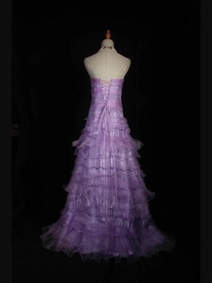 Vintage 70er-Jahre Ballkleid mit Herzausschnitt, lilafarbenem, perlenbesetztem Oberteil, plissiertem Rock, langem Schnitt, perfektes Outfit für den 21. Geburtstag, Modell AS310