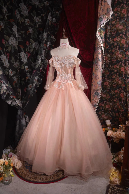 Regal Ball Gown Formal Events Off The Shoulder Blush Pink Lace With 3D Appliqued Quince Dress Long Quinceanera Dresses Birthday Outfits RB8545