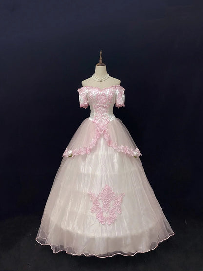 Sweet Ball Gowns Off The Shoulder Light Pink Tulle Poofy Long With Appliqued Short Sleeves Quince Dress inspo Quinceanera Dresses Vestidos De 16 anos RB7760