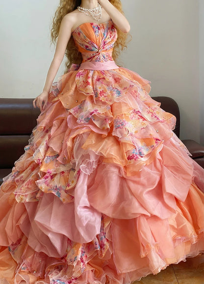 Ball Gown Strapless Pink Floral With Tiered Ruffled Sweet 16 Dress Sweet Sixteen Princess Dress RB9361