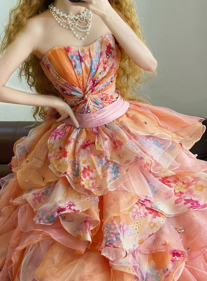 Ball Gown Strapless Pink Floral With Tiered Ruffled Sweet 16 Dress Sweet Sixteen Princess Dress RB9361