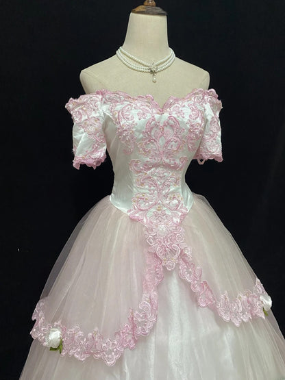 Sweet Ball Gowns Off The Shoulder Light Pink Tulle Poofy Long With Appliqued Short Sleeves Quince Dress inspo Quinceanera Dresses Vestidos De 16 anos RB7760