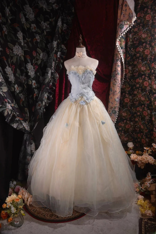 Cute Ball Gown Formal Events Strapless Champagne Tulle With Flowers Quince Dress Quinceanera Dresses Birthday Outfits RB8546