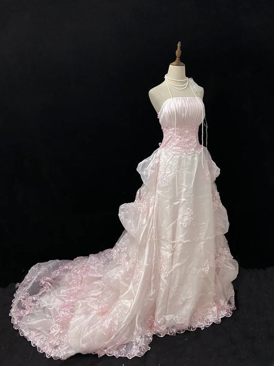 Sweet Ball Gowns Strapless Light Pink Tulle Poofy Long With Appliqued Sleeveless Quince Dress inspo Quinceanera Dresses Vestidos De 16 anos RB7761