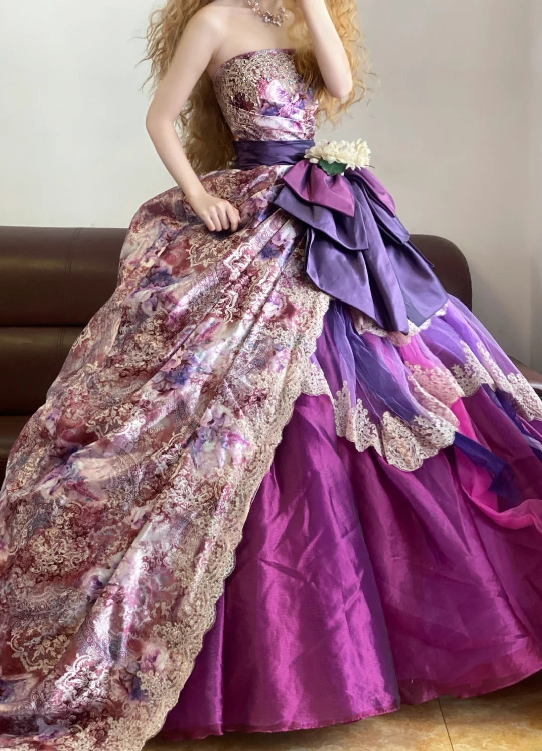 Ball Gown Strapless Purple Floral With Tiered Ruffled Sweet 16 Dress Sweet Sixteen Princess Dress RB9362