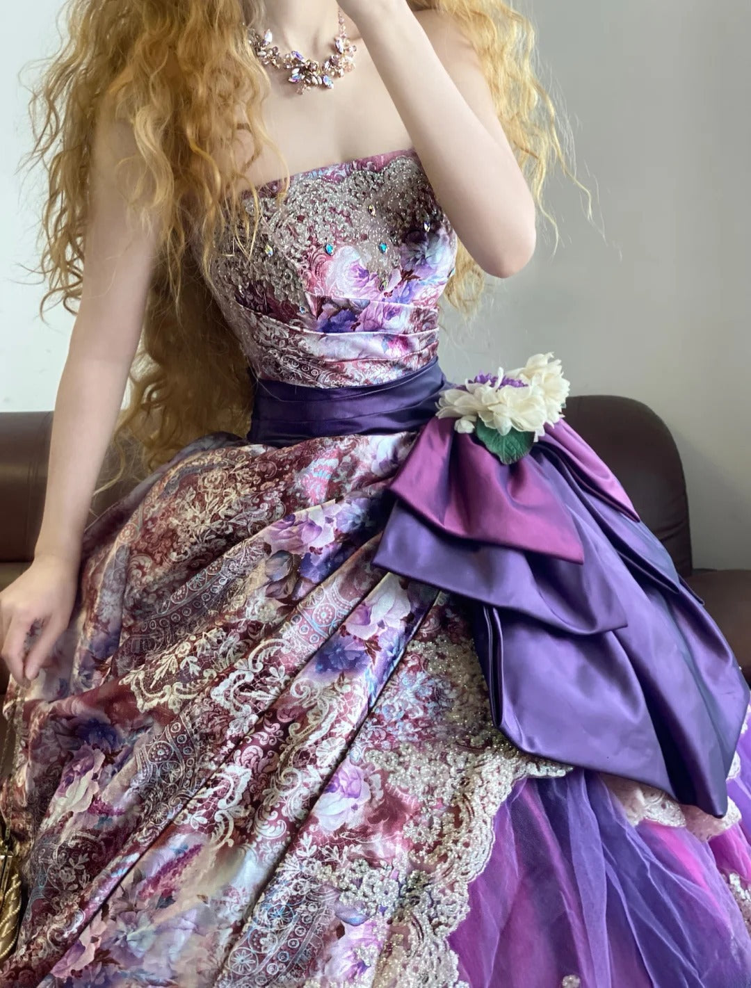 Ball Gown Strapless Purple Floral With Tiered Ruffled Sweet 16 Dress Sweet Sixteen Princess Dress RB9362