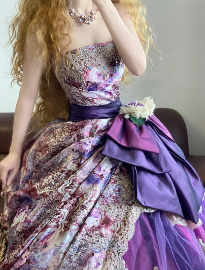 Ball Gown Strapless Purple Floral With Tiered Ruffled Sweet 16 Dress Sweet Sixteen Princess Dress RB9362