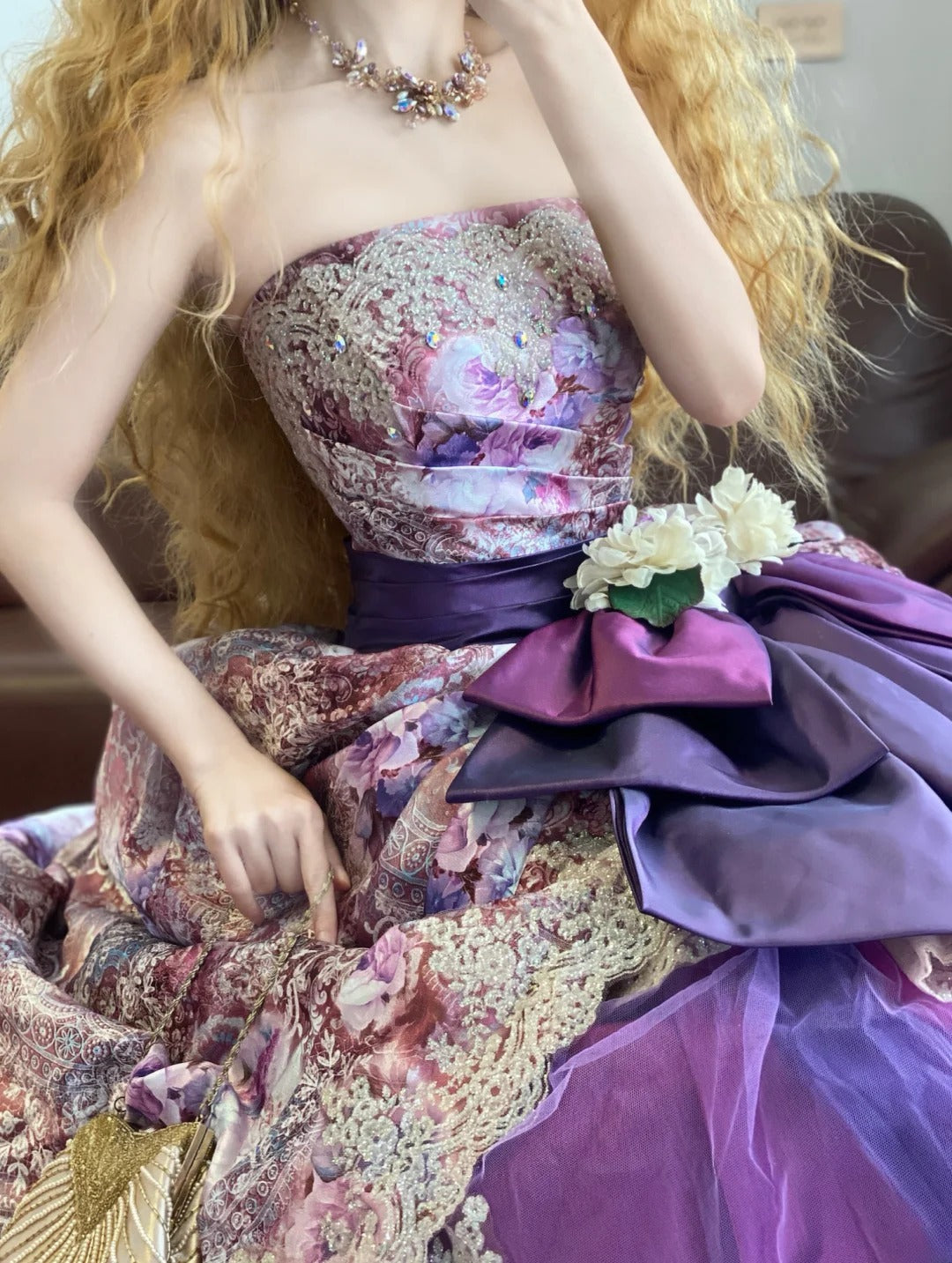 Ball Gown Strapless Purple Floral With Tiered Ruffled Sweet 16 Dress Sweet Sixteen Princess Dress RB9362