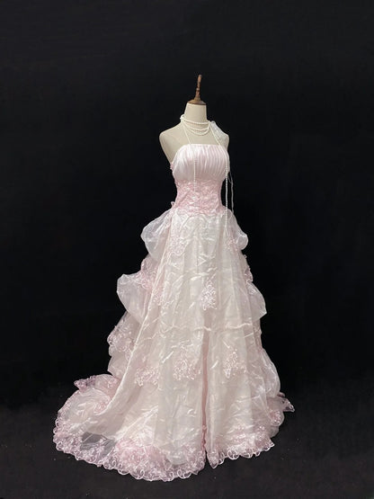 Sweet Ball Gowns Strapless Light Pink Tulle Poofy Long With Appliqued Sleeveless Quince Dress inspo Quinceanera Dresses Vestidos De 16 anos RB7761