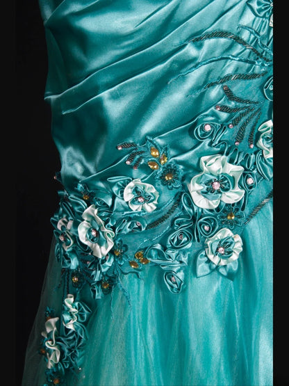 Robe de bal longue vintage sirène années 90, bretelles spaghetti, satin bleu à fleurs et perles, inspiration pour une tenue de 20e anniversaire, robe de soirée AS312