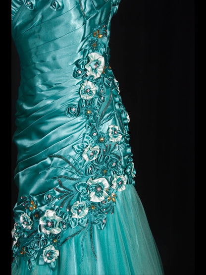 Robe de bal longue vintage sirène années 90, bretelles spaghetti, satin bleu à fleurs et perles, inspiration pour une tenue de 20e anniversaire, robe de soirée AS312
