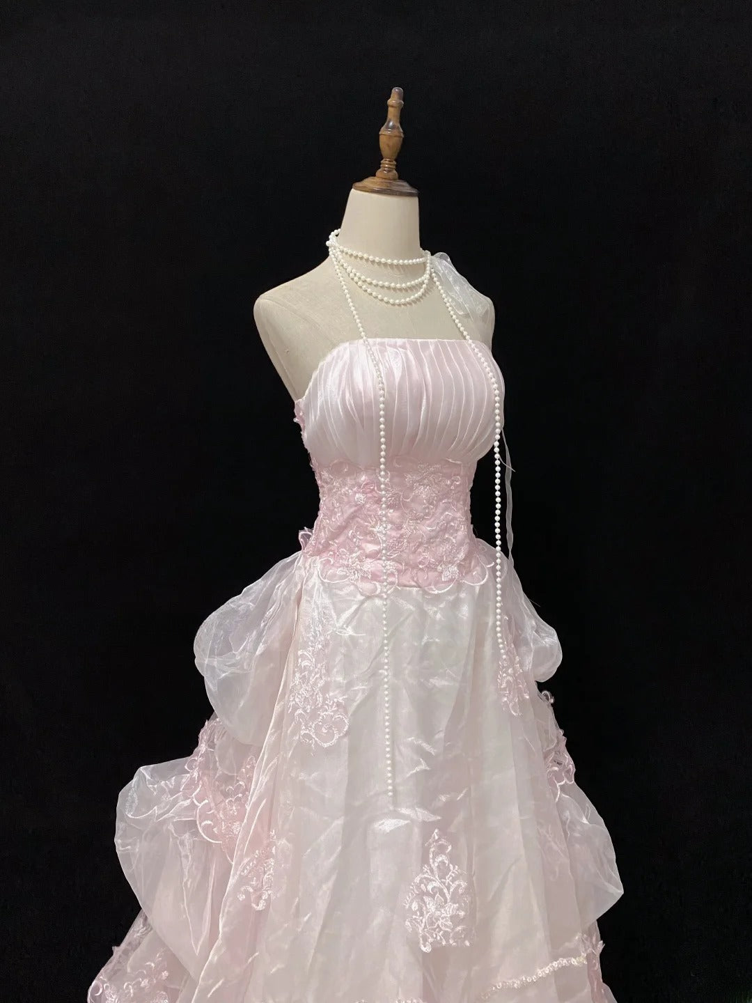 Sweet Ball Gowns Strapless Light Pink Tulle Poofy Long With Appliqued Sleeveless Quince Dress inspo Quinceanera Dresses Vestidos De 16 anos RB7761