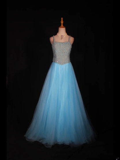 Robe de bal longue vintage années 90, coupe trapèze, bretelles spaghetti, tulle bleu orné de perles - Inspiration pour une tenue de 20e anniversaire - Robe de soirée AS314