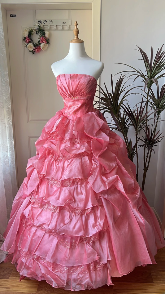 Cute Sweet 16 Dress Long Strapless Pink With Tiered Layers Ball Gown Sweet Sixteen Party Birthday Dresses RC0644