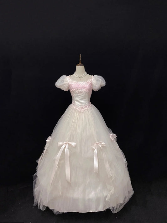 Sweet Ball Gowns Square Neck Light Pink Tulle Poofy Long With Appliqued Short Sleeves Quince Dress inspo Quinceanera Dresses Vestidos De 16 anos RB7764