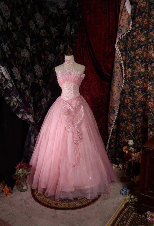 Regal Ball Gown Formal Events Strapless Pink With Tulle Lace Quince Dress Long Quinceanera Dresses Birthday Outfits RB8548
