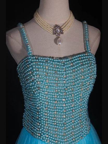 Robe de bal longue vintage années 90, coupe trapèze, bretelles spaghetti, tulle bleu orné de perles - Inspiration pour une tenue de 20e anniversaire - Robe de soirée AS314