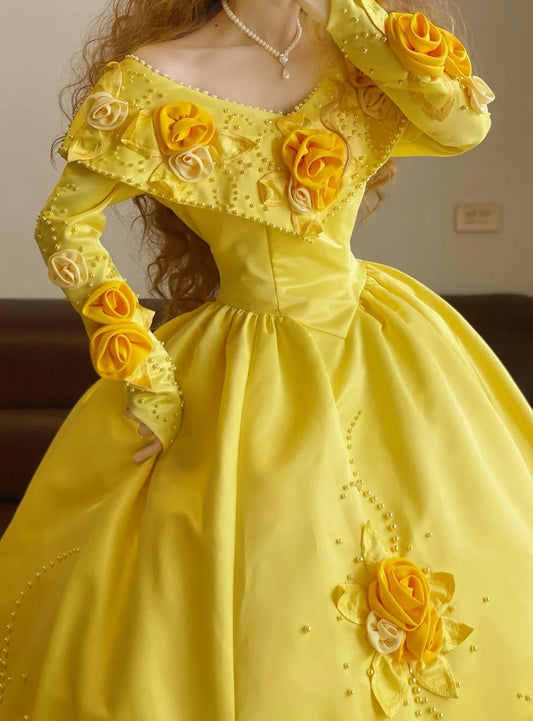 Prom Dress Elegant Ball Gown Off Shoulder Yellow Satin With Flowers Formal Evening Gown for Graduation Party RB9364