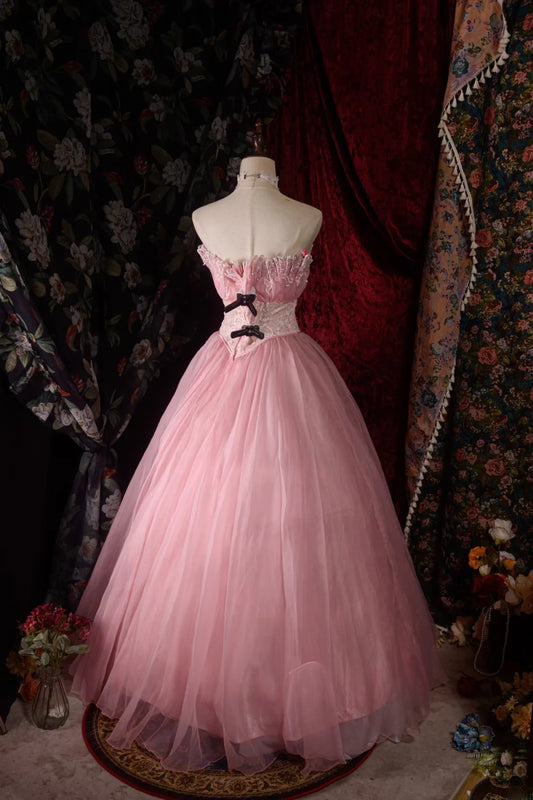 Regal Ball Gown Formal Events Strapless Pink With Tulle Lace Quince Dress Long Quinceanera Dresses Birthday Outfits RB8548