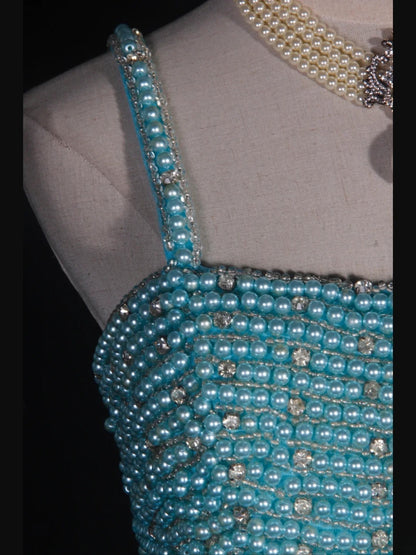Robe de bal longue vintage années 90, coupe trapèze, bretelles spaghetti, tulle bleu orné de perles - Inspiration pour une tenue de 20e anniversaire - Robe de soirée AS314