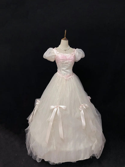 Sweet Ball Gowns Square Neck Light Pink Tulle Poofy Long With Appliqued Short Sleeves Quince Dress inspo Quinceanera Dresses Vestidos De 16 anos RB7764