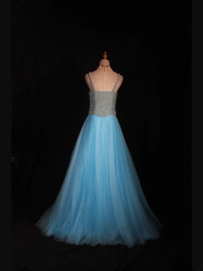 Robe de bal longue vintage années 90, coupe trapèze, bretelles spaghetti, tulle bleu orné de perles - Inspiration pour une tenue de 20e anniversaire - Robe de soirée AS314