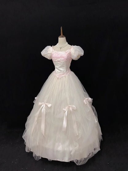 Sweet Ball Gowns Square Neck Light Pink Tulle Poofy Long With Appliqued Short Sleeves Quince Dress inspo Quinceanera Dresses Vestidos De 16 anos RB7764