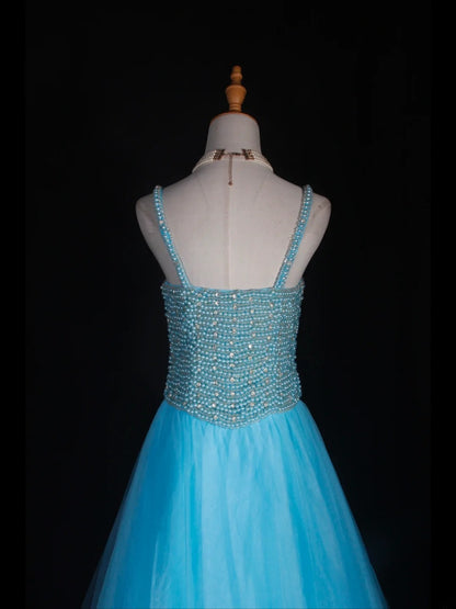 Robe de bal longue vintage années 90, coupe trapèze, bretelles spaghetti, tulle bleu orné de perles - Inspiration pour une tenue de 20e anniversaire - Robe de soirée AS314