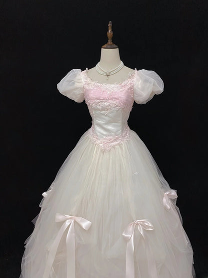 Sweet Ball Gowns Square Neck Light Pink Tulle Poofy Long With Appliqued Short Sleeves Quince Dress inspo Quinceanera Dresses Vestidos De 16 anos RB7764
