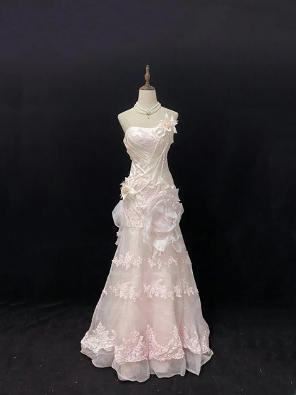 Modest Mermaid Strapless Pink With Ruffled Tulle Lace Long Prom Dresses Formal Outfits Evening Night Dress RB7765