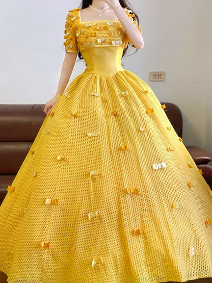 Prom Dress Elegant Ball Gown Square Neck Yellow Sequin With Sleeves Formal Evening Gown for Graduation Party RB9365