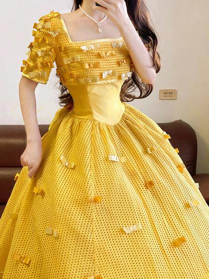 Prom Dress Elegant Ball Gown Square Neck Yellow Sequin With Sleeves Formal Evening Gown for Graduation Party RB9365