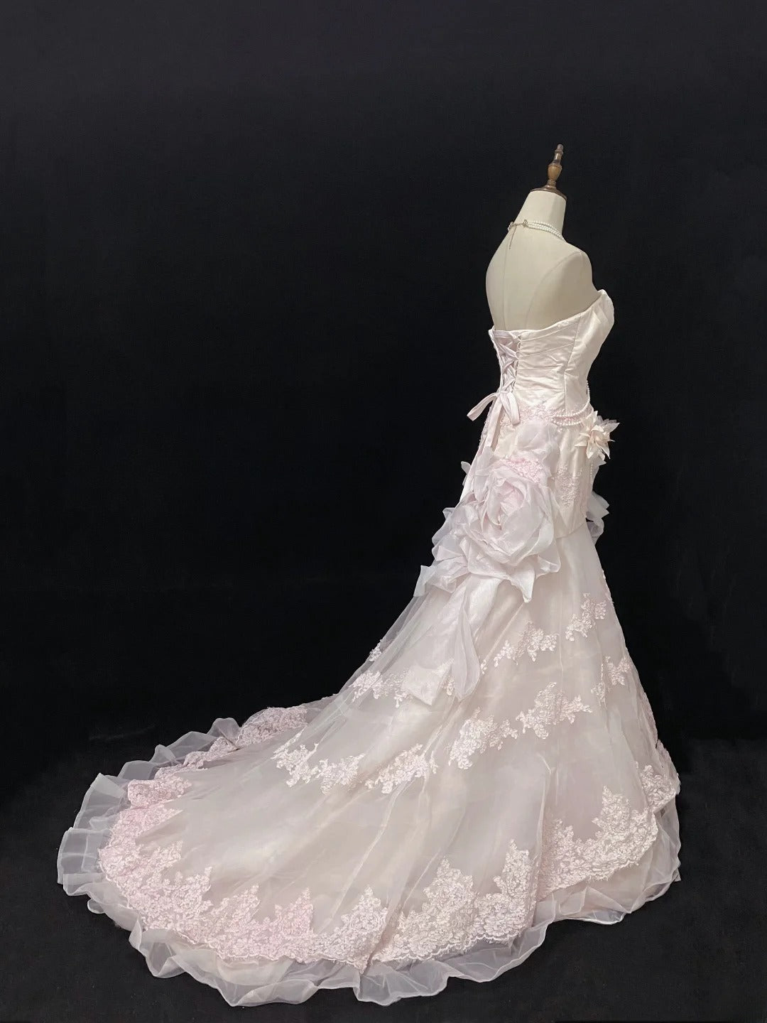 Modest Mermaid Strapless Pink With Ruffled Tulle Lace Long Prom Dresses Formal Outfits Evening Night Dress RB7765