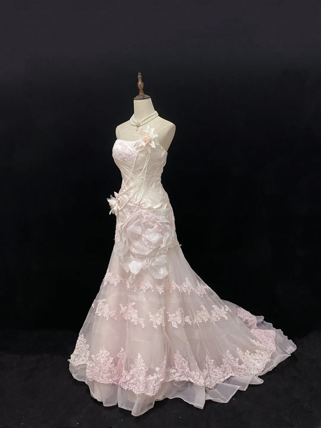 Modest Mermaid Strapless Pink With Ruffled Tulle Lace Long Prom Dresses Formal Outfits Evening Night Dress RB7765