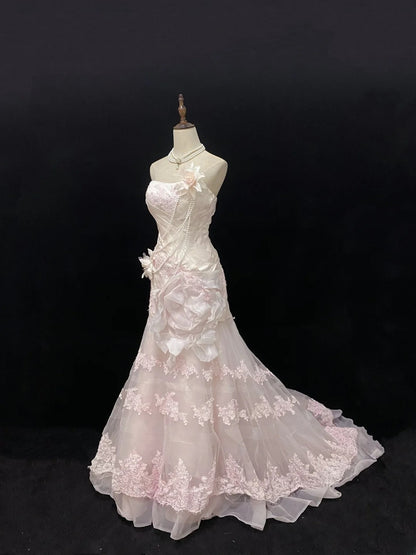 Modest Mermaid Strapless Pink With Ruffled Tulle Lace Long Prom Dresses Formal Outfits Evening Night Dress RB7765