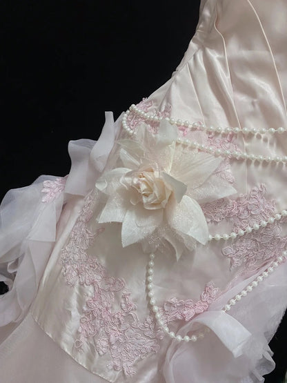 Modest Mermaid Strapless Pink With Ruffled Tulle Lace Long Prom Dresses Formal Outfits Evening Night Dress RB7765