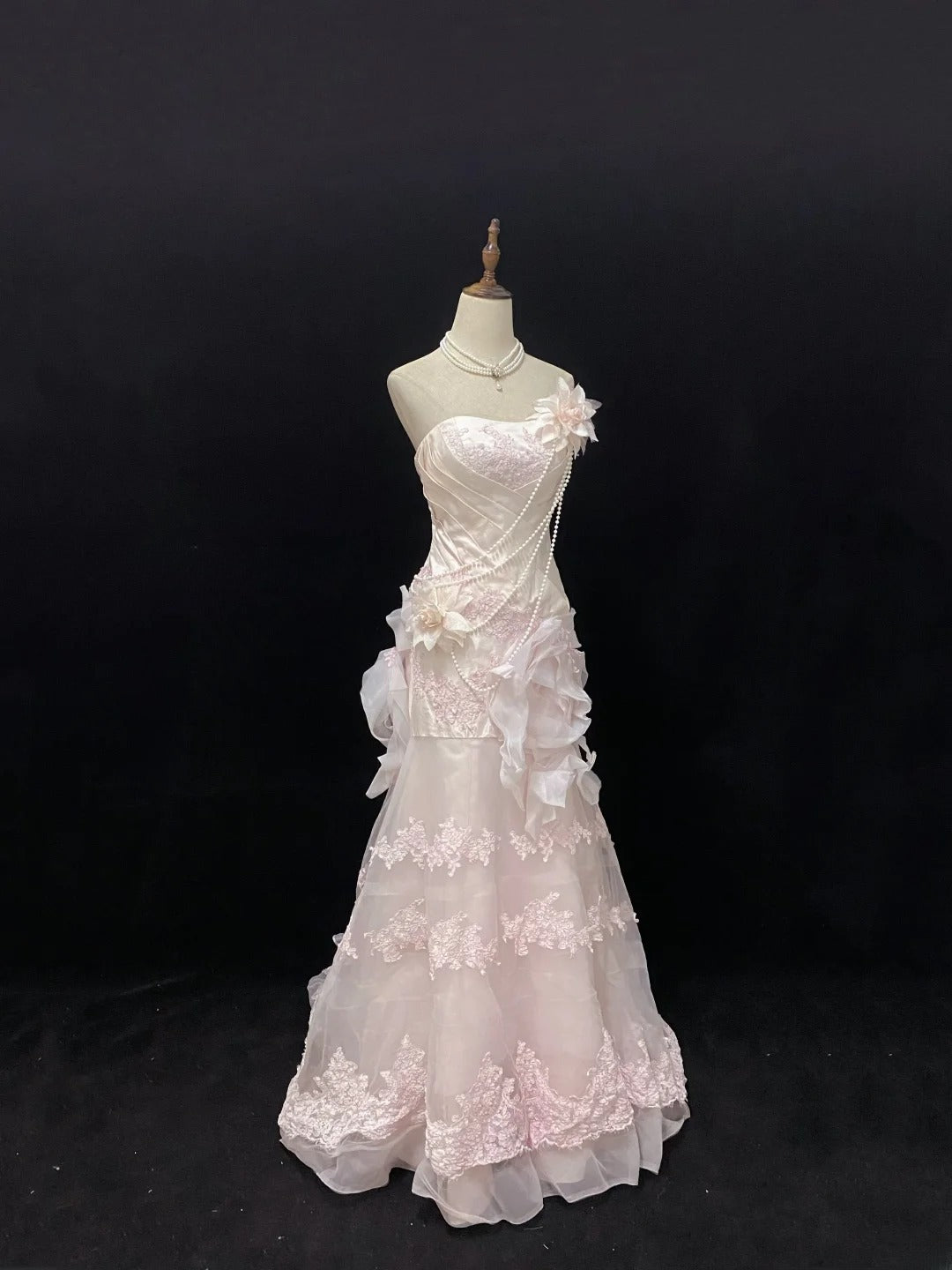Modest Mermaid Strapless Pink With Ruffled Tulle Lace Long Prom Dresses Formal Outfits Evening Night Dress RB7765