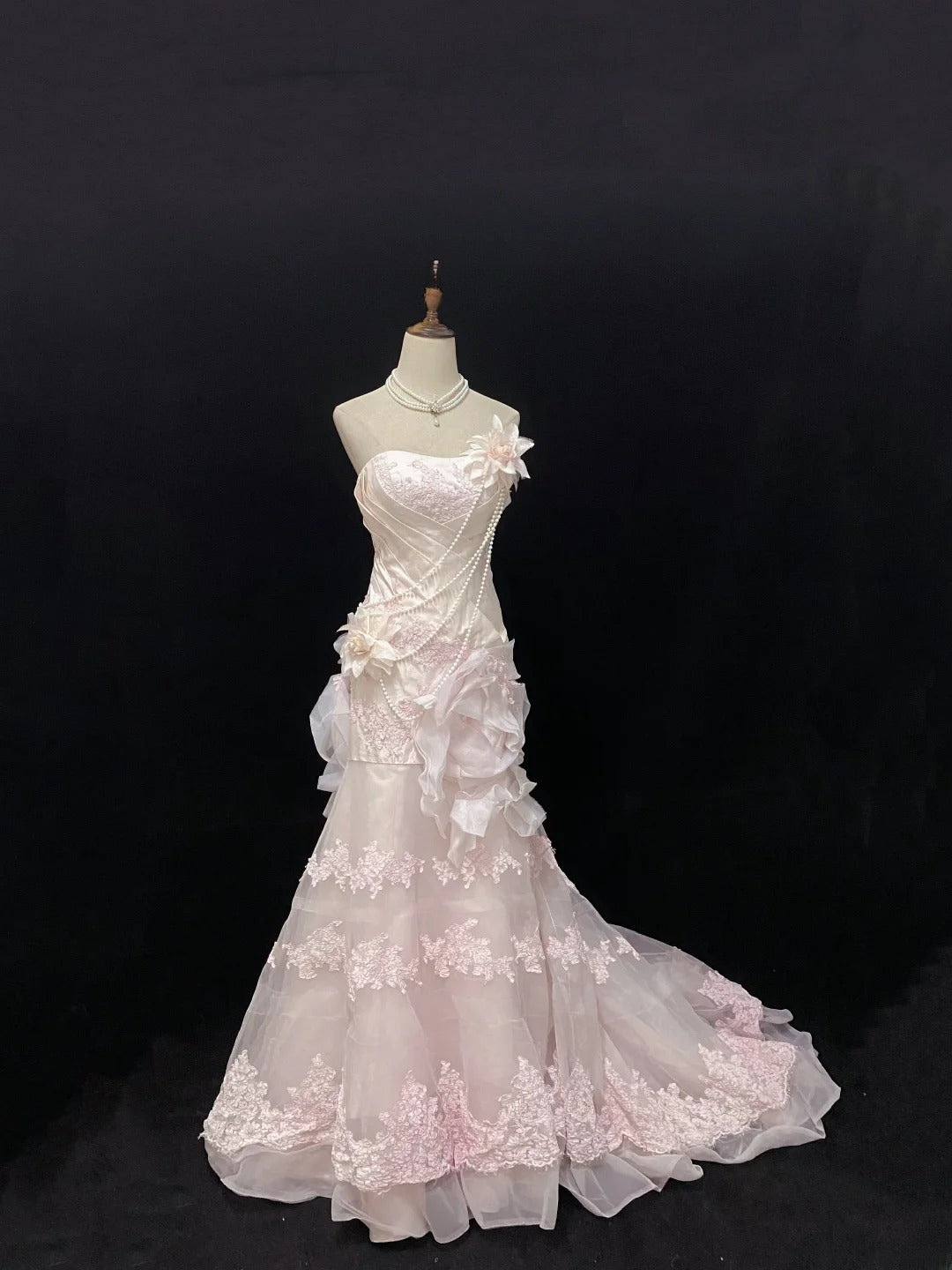 Modest Mermaid Strapless Pink With Ruffled Tulle Lace Long Prom Dresses Formal Outfits Evening Night Dress RB7765