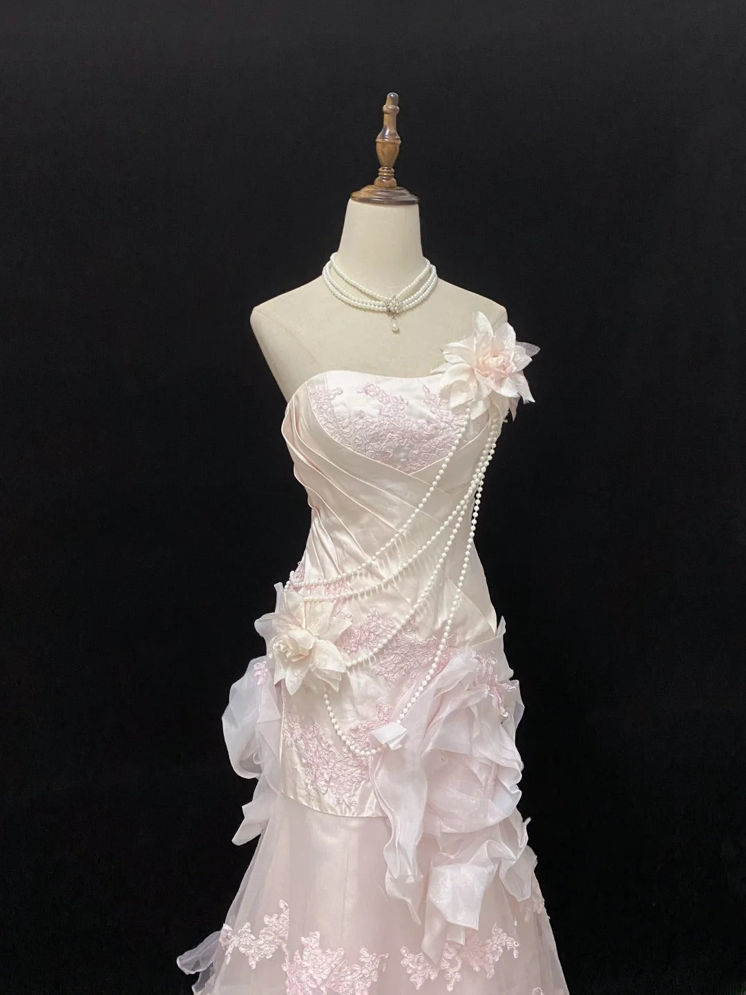Modest Mermaid Strapless Pink With Ruffled Tulle Lace Long Prom Dresses Formal Outfits Evening Night Dress RB7765