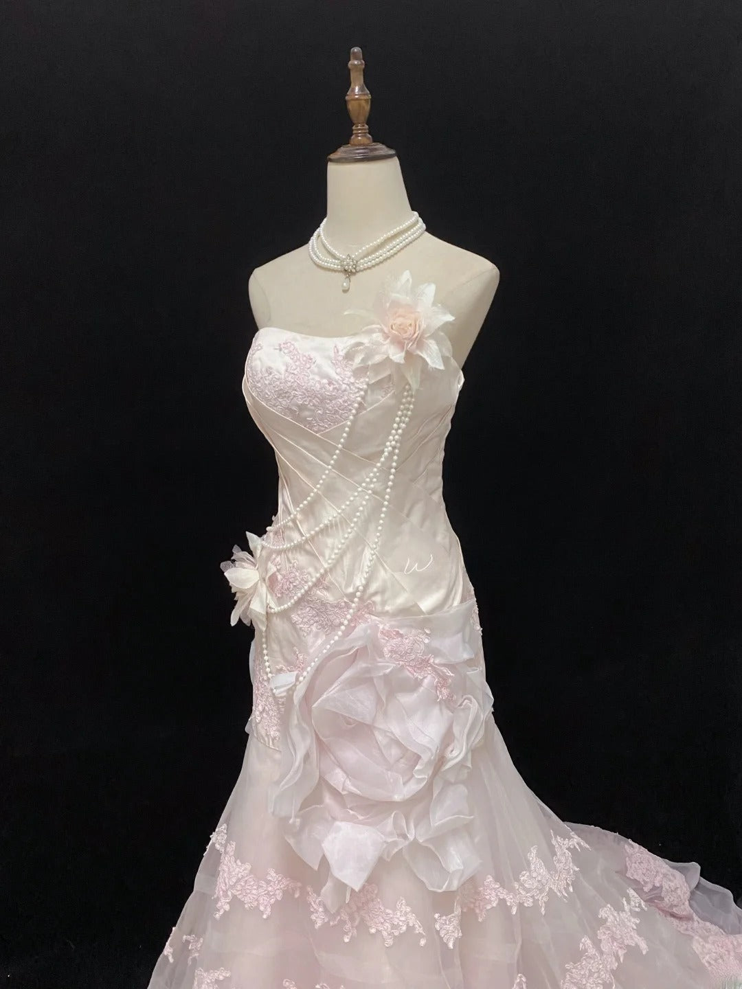 Modest Mermaid Strapless Pink With Ruffled Tulle Lace Long Prom Dresses Formal Outfits Evening Night Dress RB7765