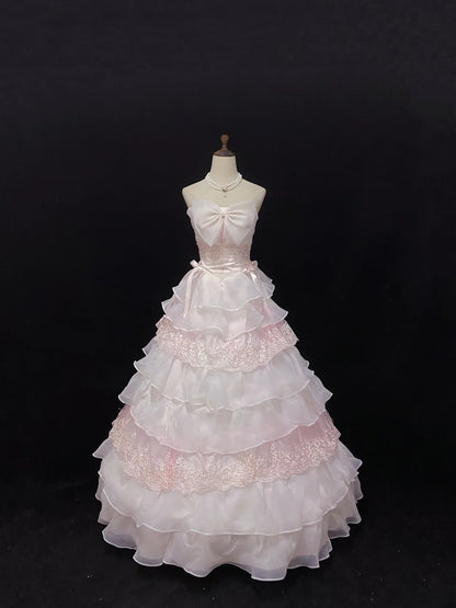Sweet Ball Gowns Strapless Light Pink Poofy Long With Lace Bow-knot Quince Dress inspo Quinceanera Dresses Vestidos De 16 anos RB7766