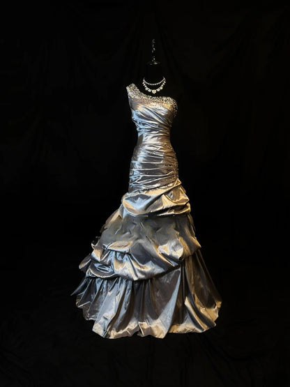 Modest Prom Dresses Mermaid One Shoulder Taffeta Gray With Folded Night Evening Formal Outfits RB6153