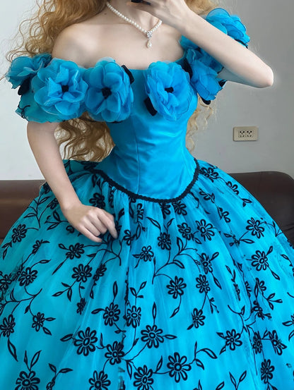 Ball Gown Off The Shoulder With Floral Black Sweet 16 Dress Sweet Sixteen Princess Dress RB9366