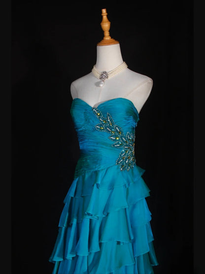 Retro 1950s A line Sweetheart Blue Chiffon With Beads Layered Long Prom Dresses Inspo 22th Birthday Outfit Formal Gown AS316
