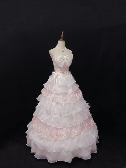 Sweet Ball Gowns Strapless Light Pink Poofy Long With Lace Bow-knot Quince Dress inspo Quinceanera Dresses Vestidos De 16 anos RB7766