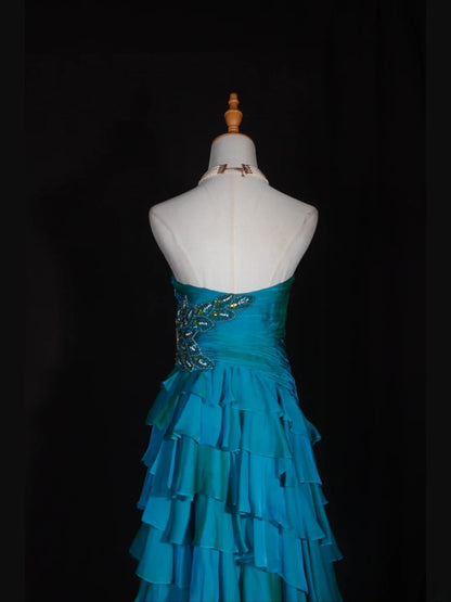 Retro 1950s A line Sweetheart Blue Chiffon With Beads Layered Long Prom Dresses Inspo 22th Birthday Outfit Formal Gown AS316