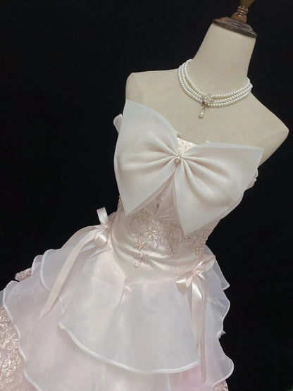 Sweet Ball Gowns Strapless Light Pink Poofy Long With Lace Bow-knot Quince Dress inspo Quinceanera Dresses Vestidos De 16 anos RB7766